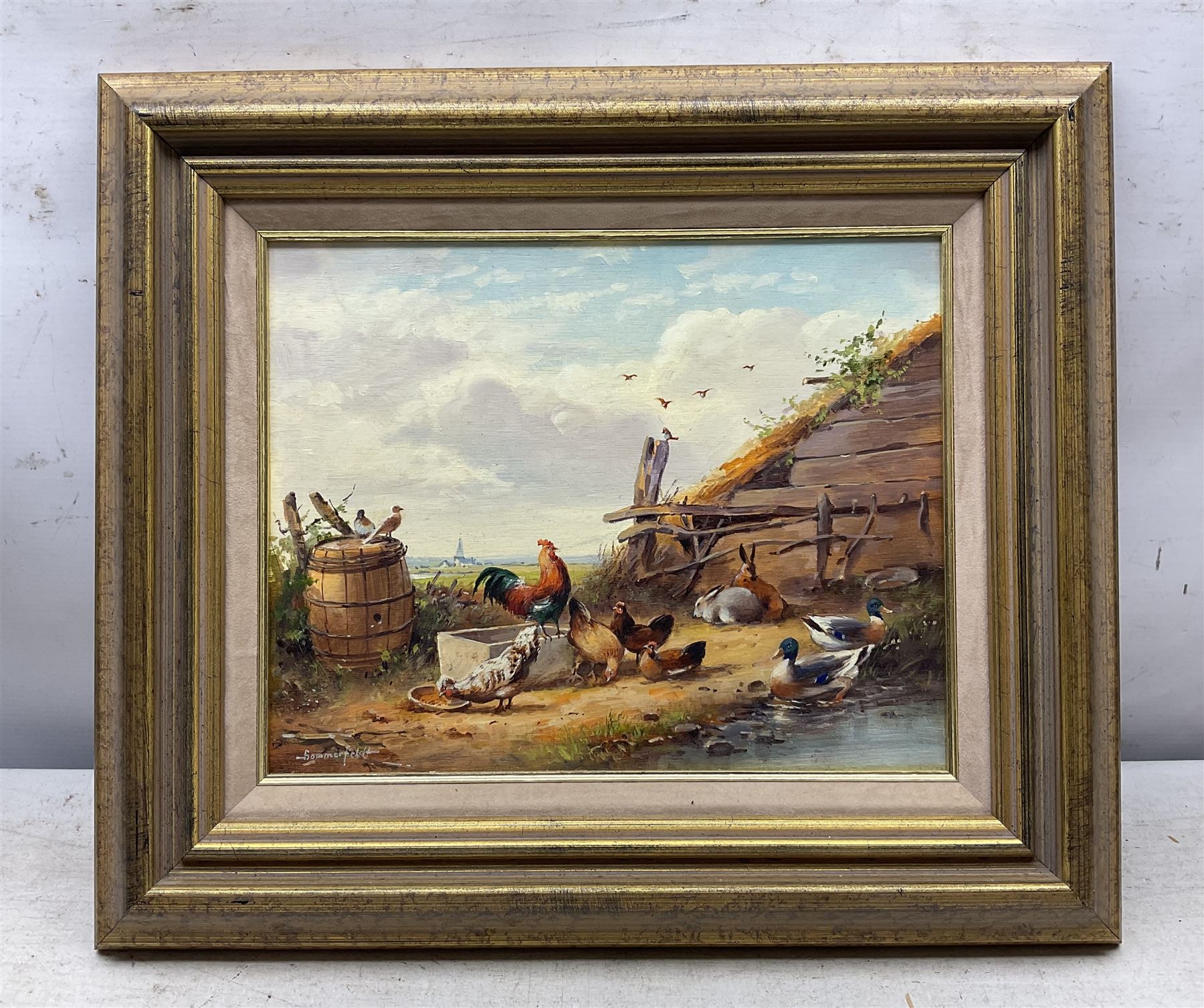After Edgar Hunt (British 1876-1953): Farmyard Scene, 20th century oil board signed Sommerfield 23cm x 29cm 