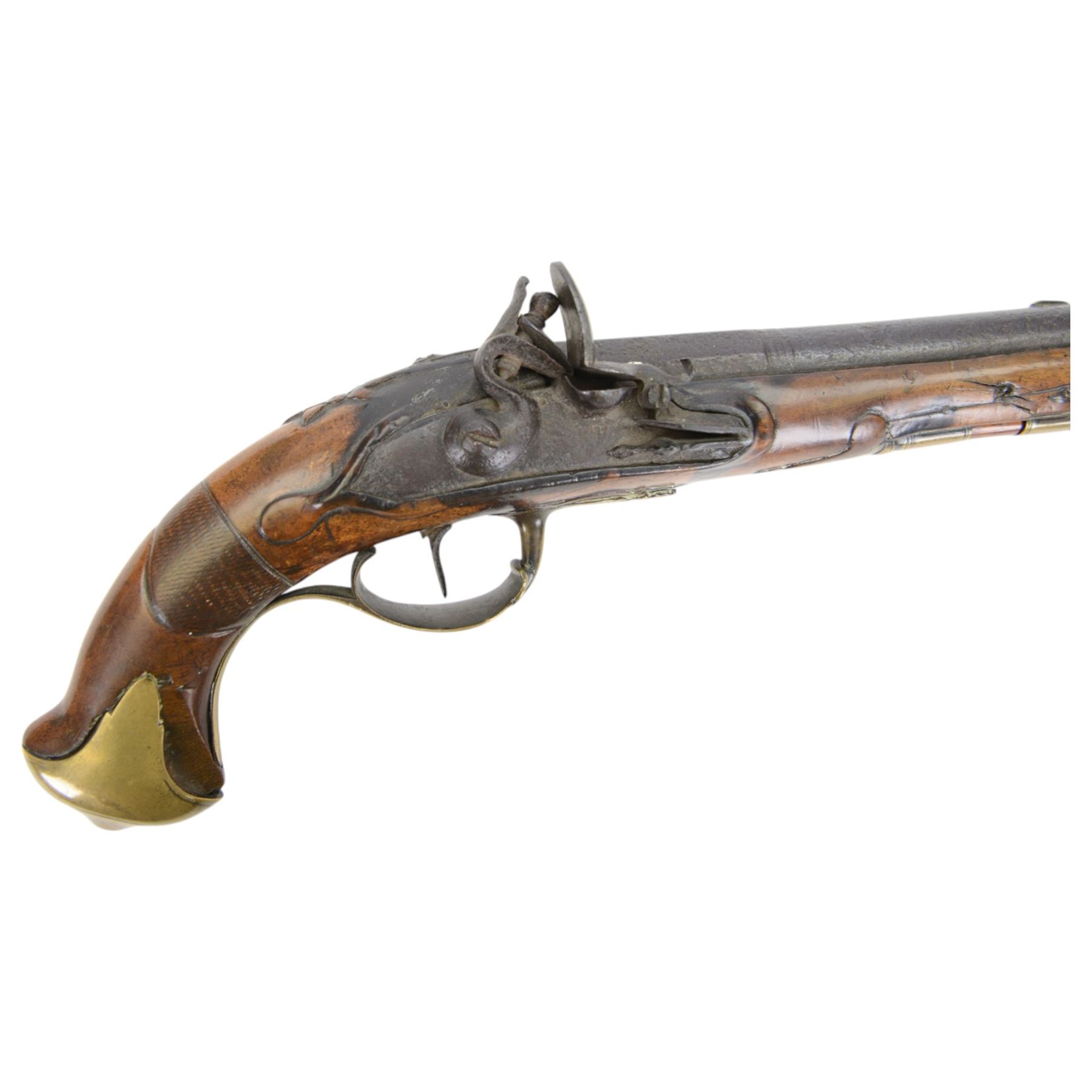 19th century flintlock pistol, the 18cm barrel with ram rod under, chequered walnut stock with brass butt cap, L32cm