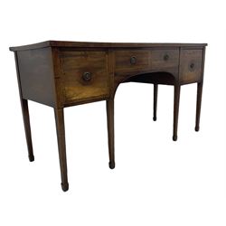George III mahogany straight front sideboard, the rectangular top with walnut band, four drawers each with inlaid panel fitted with brass plate and loop handle, the left hand drawer with metal lining and divisions, square tapering supports with spade feet, small concealed compartment to right-hand side