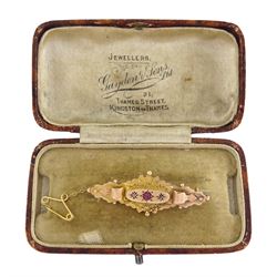 Early 20th century 9ct gold diamond and pink stone set brooch, Chester 1915