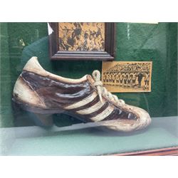 Four framed sporting memorabilia displays, the largest example containing 1930s cricket memorabilia, together with two fishing displays and a football display, each within wooden glazed frames, largest H105cm