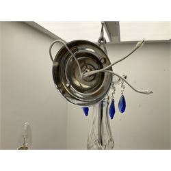 Glass four light chandelier, the baluster shaped central glass column supporting four curved branches with drip pans and blue glass drops, approx height excl fitting H50cm