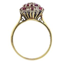 18ct gold round brilliant cut diamond and ruby cluster ring, hallmarked 