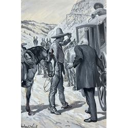 Stanley Llewellyn Wood (Welsh 1866-1928): A Dispute with the Cowboys, gouache en grisailles signed 32cm x 22cm