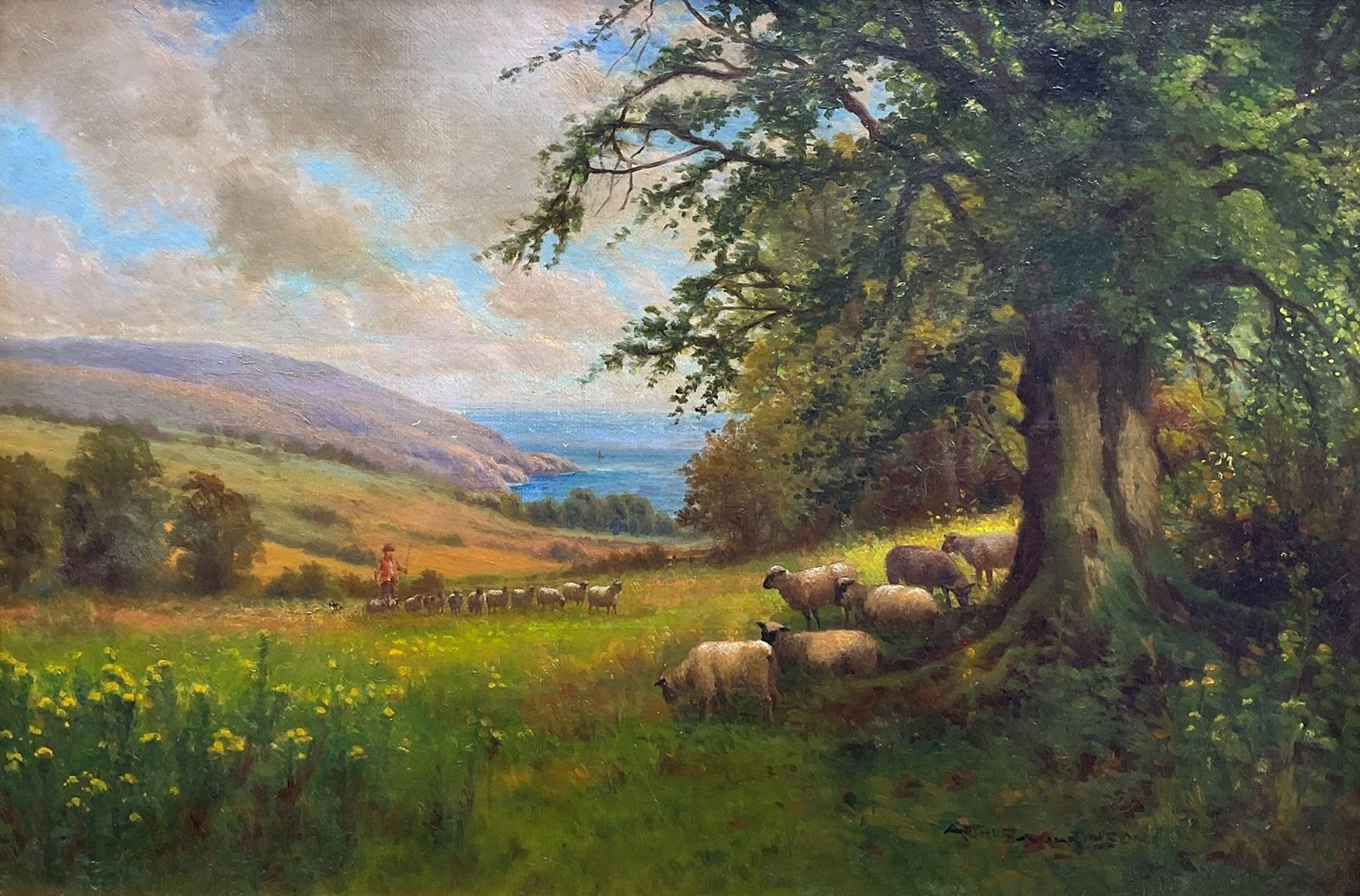 Arthur Stanley Wilkinson (British 1860-1930): 'Devonshire Pastures by the Sea near Clovelly', oil on canvas signed, original title label verso 40cm x 60cm