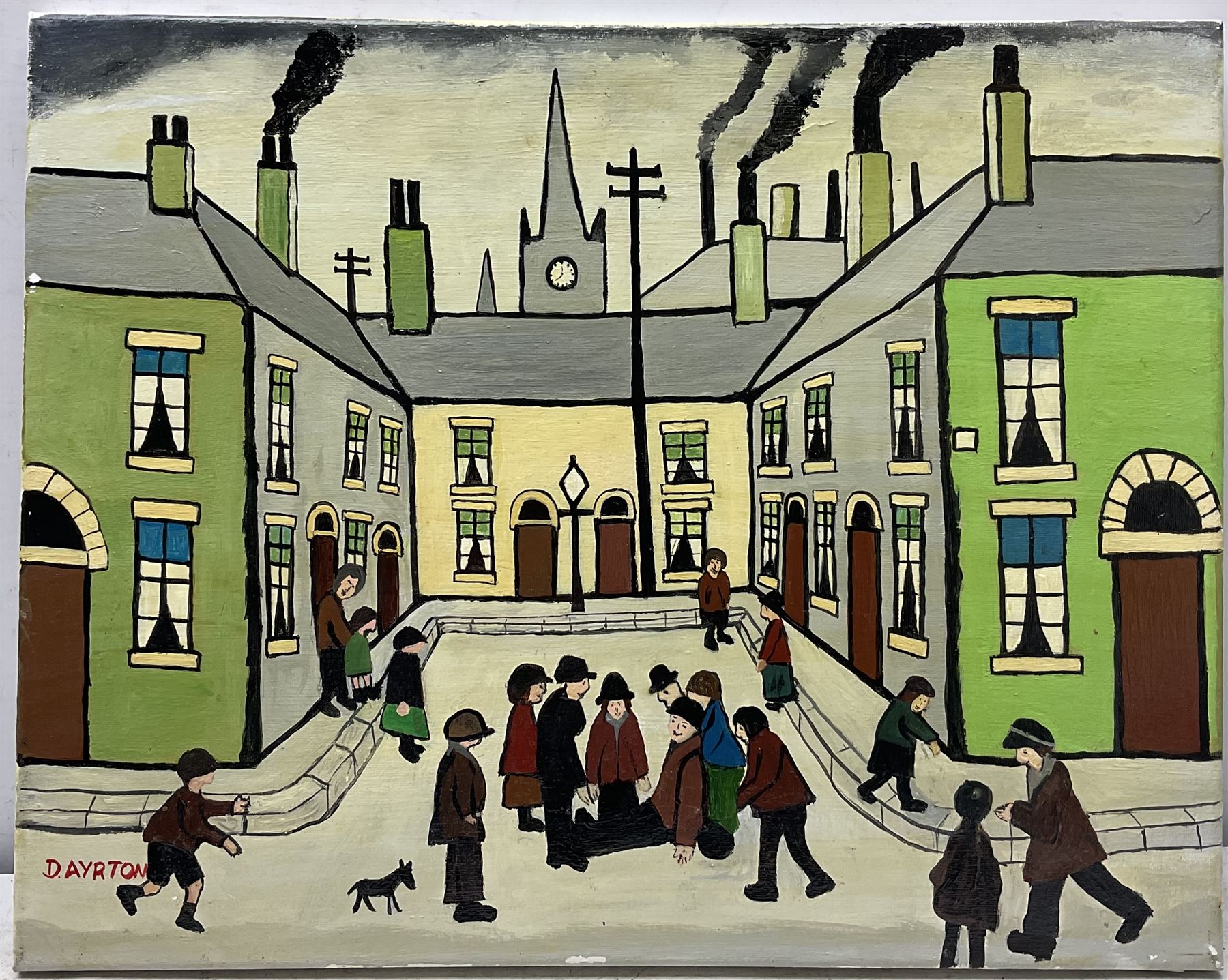 Follower of L S Lowry (Northern British 1887-1976): Busy Street Scenes, pair oil on canvas signed 'D Ayrton' max 40cm x 51cm (2)