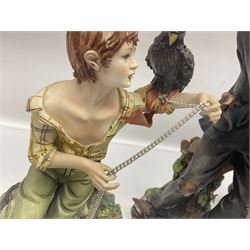 Three Capodimonte figures, to include The Kind Heart Man, modelled by Cortese as a tramp with two doves, The Young Falconer by Maria Angela and another modelled as a tramp darning his socks, all with printed marks, tallest H39cm