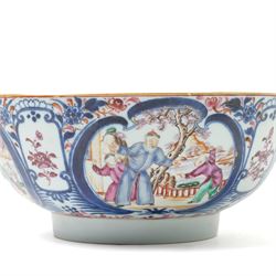 19th century Chinese famille rose punch bowl, decorated with panels of traditional scenes within blue decoration, D26cm 