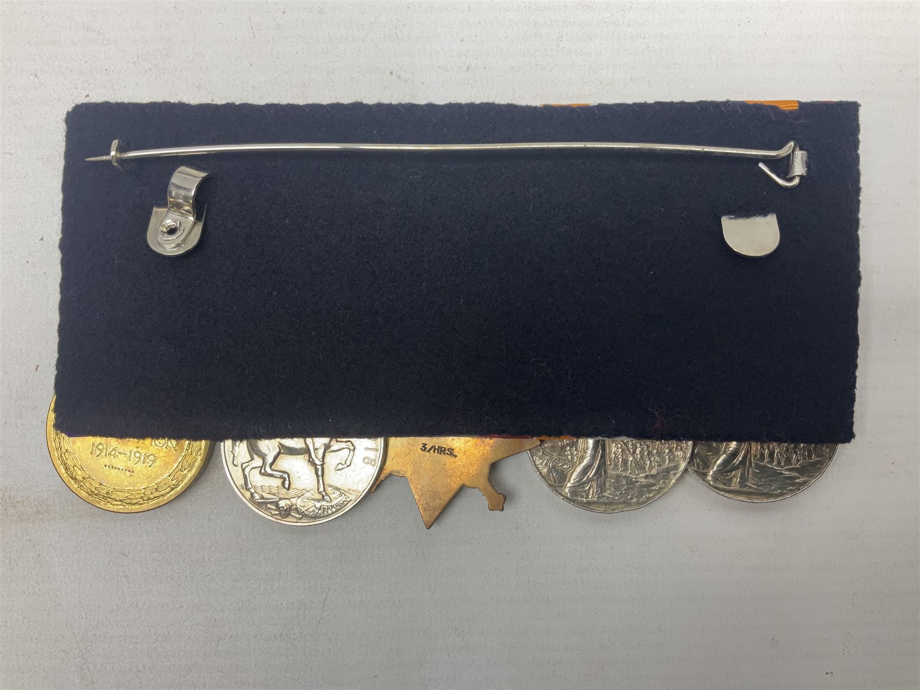 Boer War/WW1 group of five medals comprising Queens South Africa Medal with Transvaal clasp and Kings South Africa Medal with two clasps for South Africa 1901 & 1902 awarded to  2269 Pte. G. Thompson K.R.R.C.; together with British War Medal, 1914 Star and Victory Medal awarded to 6683 Pte. G.H. Thompson 3-HRS.; all with ribbons mounted for display on card; together with copy death certificate following discharge due to being physically unfit and other biographical photocopies.
