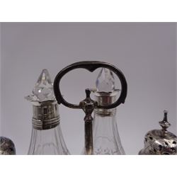 Late 18th century silver cruet stand, of oval form, with pierced sides upon four bun feet, hallmarked to handle Hester Bateman, all other hallmarks indistinct, together with five matched silver mounted cut glass cruet bottles, including some later Victorian examples, hallmarks predominantly indistinct, stand H20cm