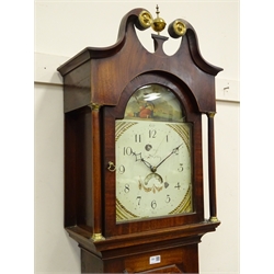  19th century inlaid mahogany longcase clock, broken arch pediment, single brass finial, arched painted dial with Arabic numerals and calendar aperture signed 'Raw, Whitby', H229cm  