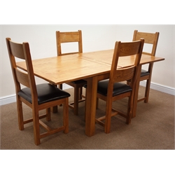  Light oak square extending dining table, square supports (W90cm, H79cm, D180cm, max) and set four  matching ladder back dining chairs, upholstered seat, square supports (W49cm)  