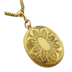  14ct gold snake and ball link chain necklace, with sliding pendant locket, engraved decoration  