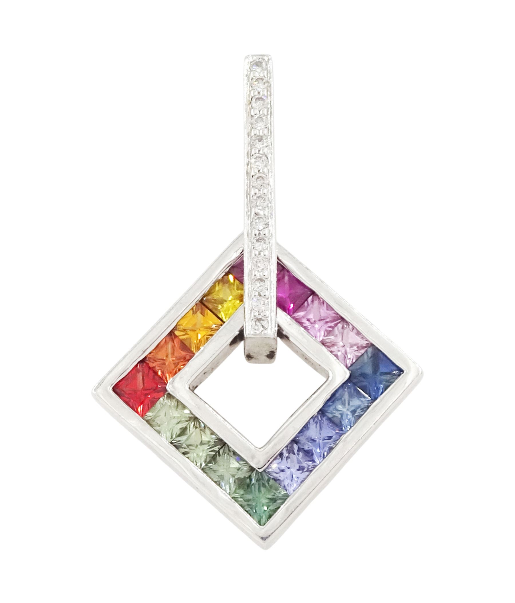 9ct white gold rainbow sapphire and diamond square pendant, channel set with sixteen square cut fancy coloured sapphires, to a round brilliant cut diamond bail, hallmarked