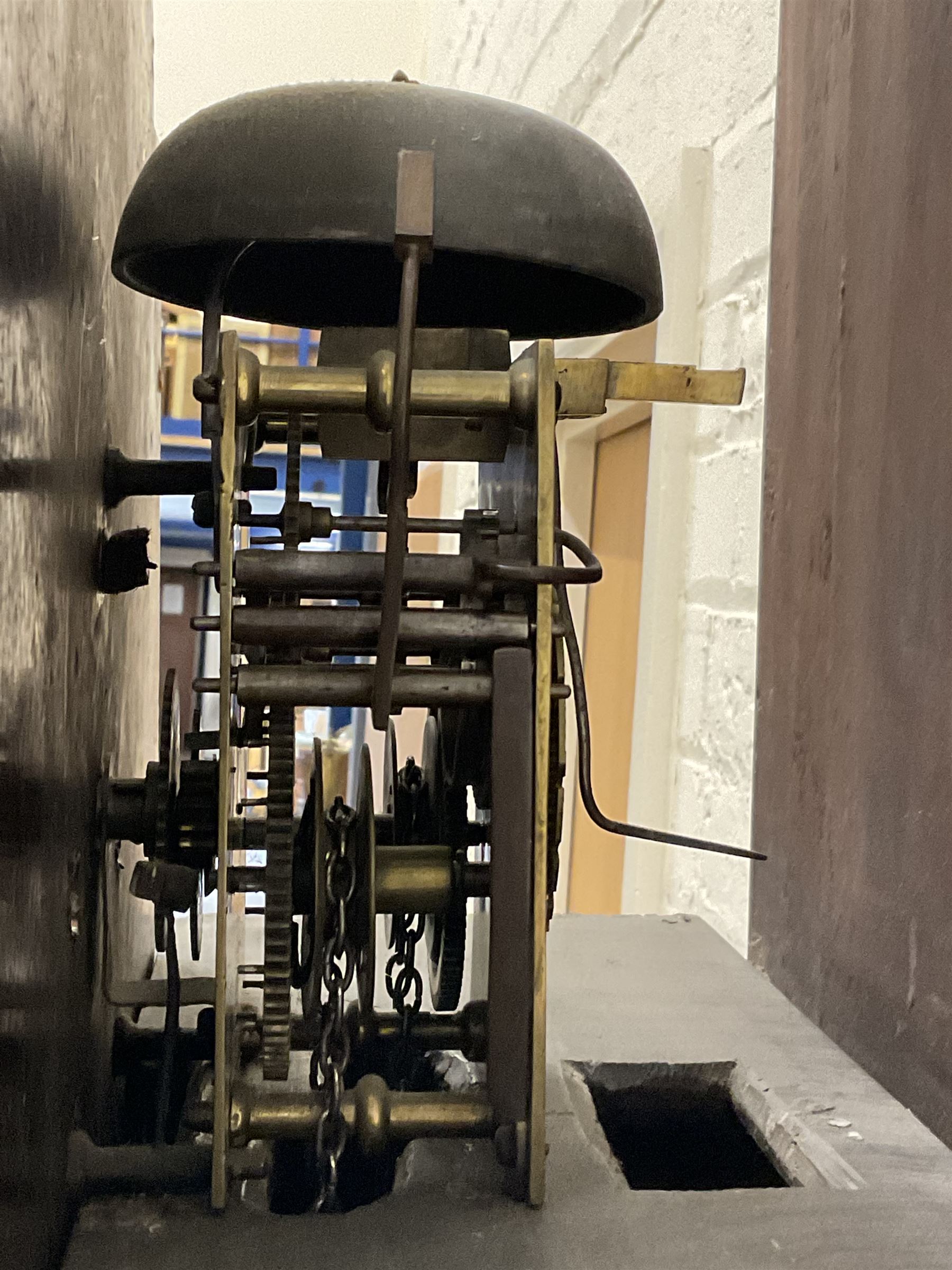 Joseph Richmond of York -  late19th century mahogany cased 30 hr longcase clock, with a swans neck pediment, break arch hood door flanked by ring turned pilasters, broad trunk with part-length recessed pillars and a short trunk door on a broad plinth with a recessed panel, fully painted dial with depictions of country cottages to the spandrels and break arch, with Roman numerals and minute track, stamped brass hands, dummy winding arbors and dummy seconds hand, dial pinned directly to a chain driven count wheel striking movement, striking the hours on a bell. With pendulum and weight.
Joseph Richmond of Fossgate was a respected clockmaker in 19th century York, maintaining the clocks in York Minster and other civic buildings in York.