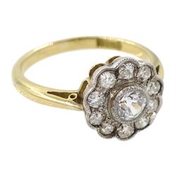 Gold milgrain set old cut diamond cluster ring, stamped 18ct, total diamond weight approx 0.50 carat