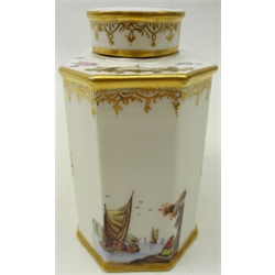  20th century Continental porcelain tea canister decorated with painted two vignettes of a couple in a landscape, bearing Ludwigsburg, H12cm   