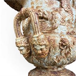 Andrew Handyside - pair of 19th century best quality cast iron garden urns, individually detailed in relief Allegorical Figures and Helaldic Swans, campagna form with twin handles, detail under rim, raised on circular fluted base