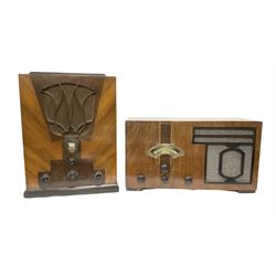 Two 1930s radios, comprising Art Deco Lotus valve example with copper fixtures, H50cm W37cm  together with a Swan Aerodyne example decorated with inlay