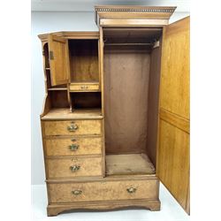 Late Victorian inlaid and cross banded ash and elm combination wardrobe, projecting cornice, single feather edged mirrored door, three shot and one long drawer, shaped plinth base