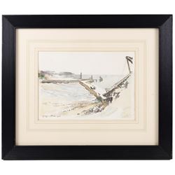 Orlando Greenwood (British 1892-1989): Whitby Piers, watercolour signed and dated 1921, 25cm x 35cm 
Provenance: Christie's South Kensington, 'Paintings, Watercolours, Drawings and Artist's materials from the studio of Orlando Greenwood', 11th October 1990, stamp verso (within the frame)