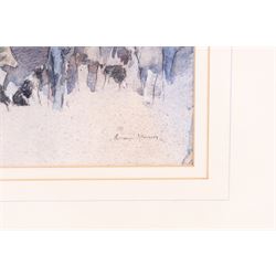 Brian Irving (British 1931-2013): Sheepdogs and Shepherds, watercolour signed 17cm x 55cm 