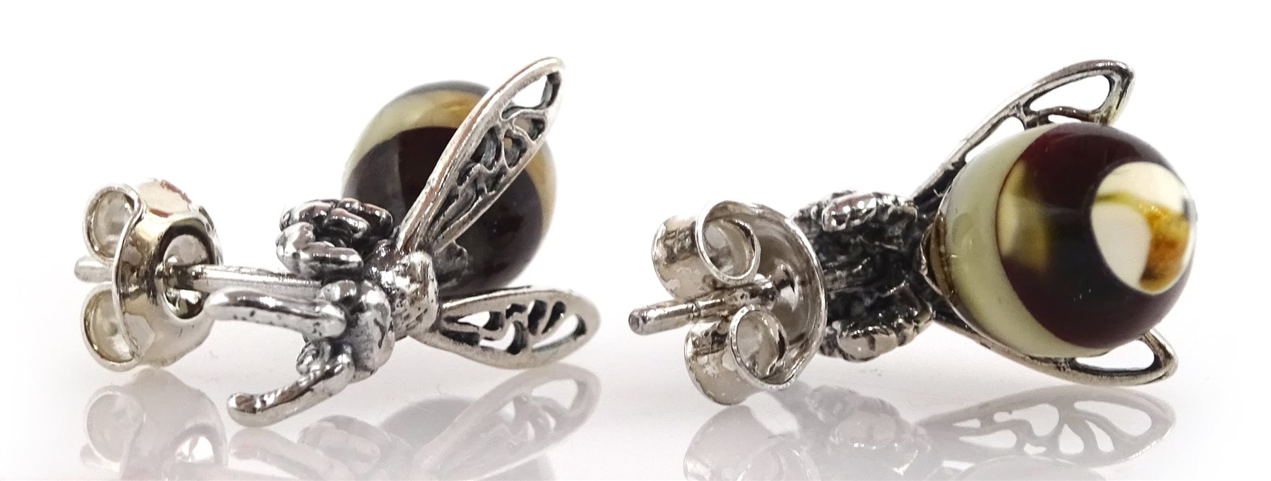 Pair of silver Baltic amber bee stud earrings, stamped 925