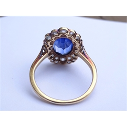  18ct gold oval synthetic sapphire and old cut diamond cluster ring  