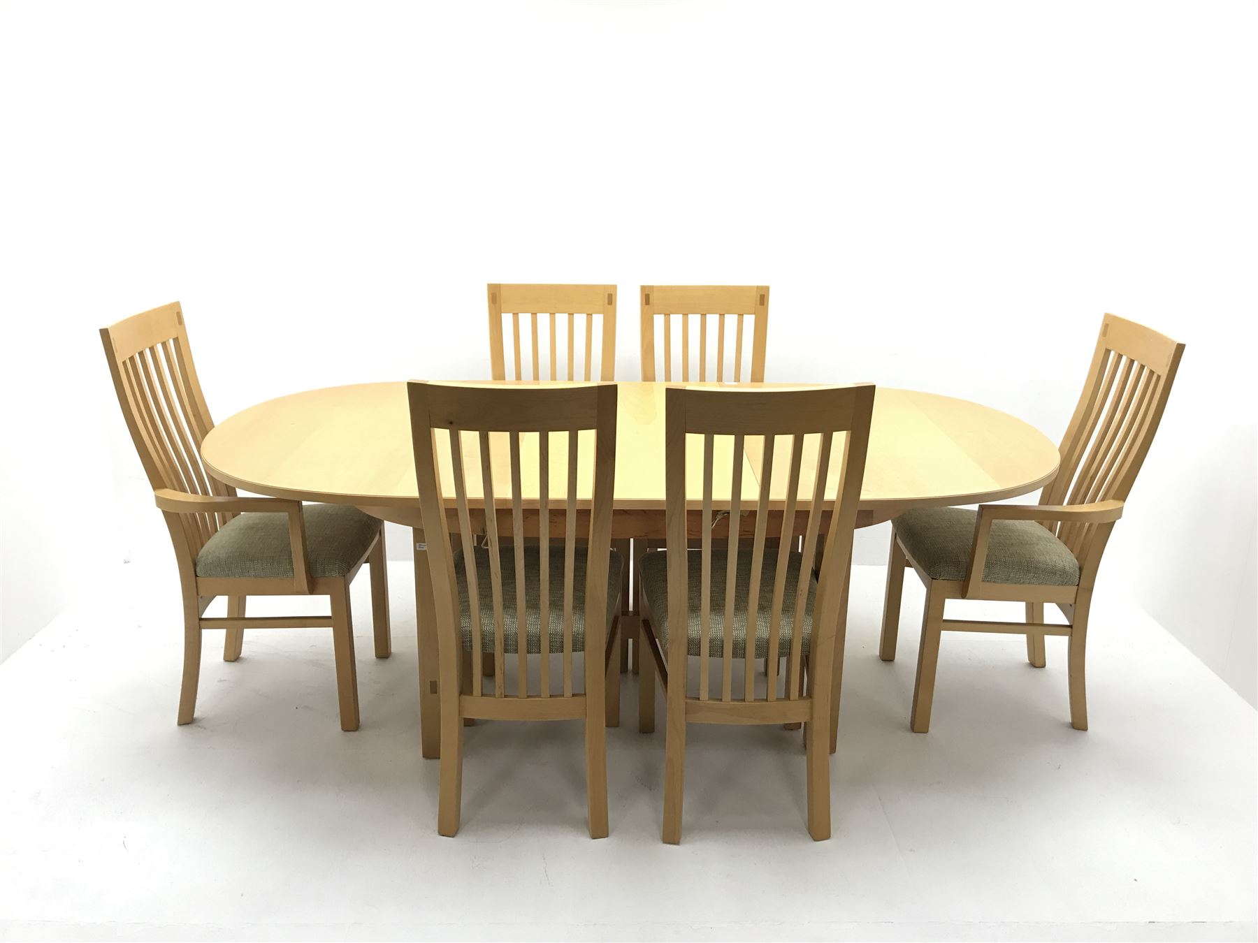 Oval maple extending dining table, moulded top, square supports (W214cm, H77cm, D104cm) and set six (4+2) dining chairs upholstered seat, square supports (W55cm) 