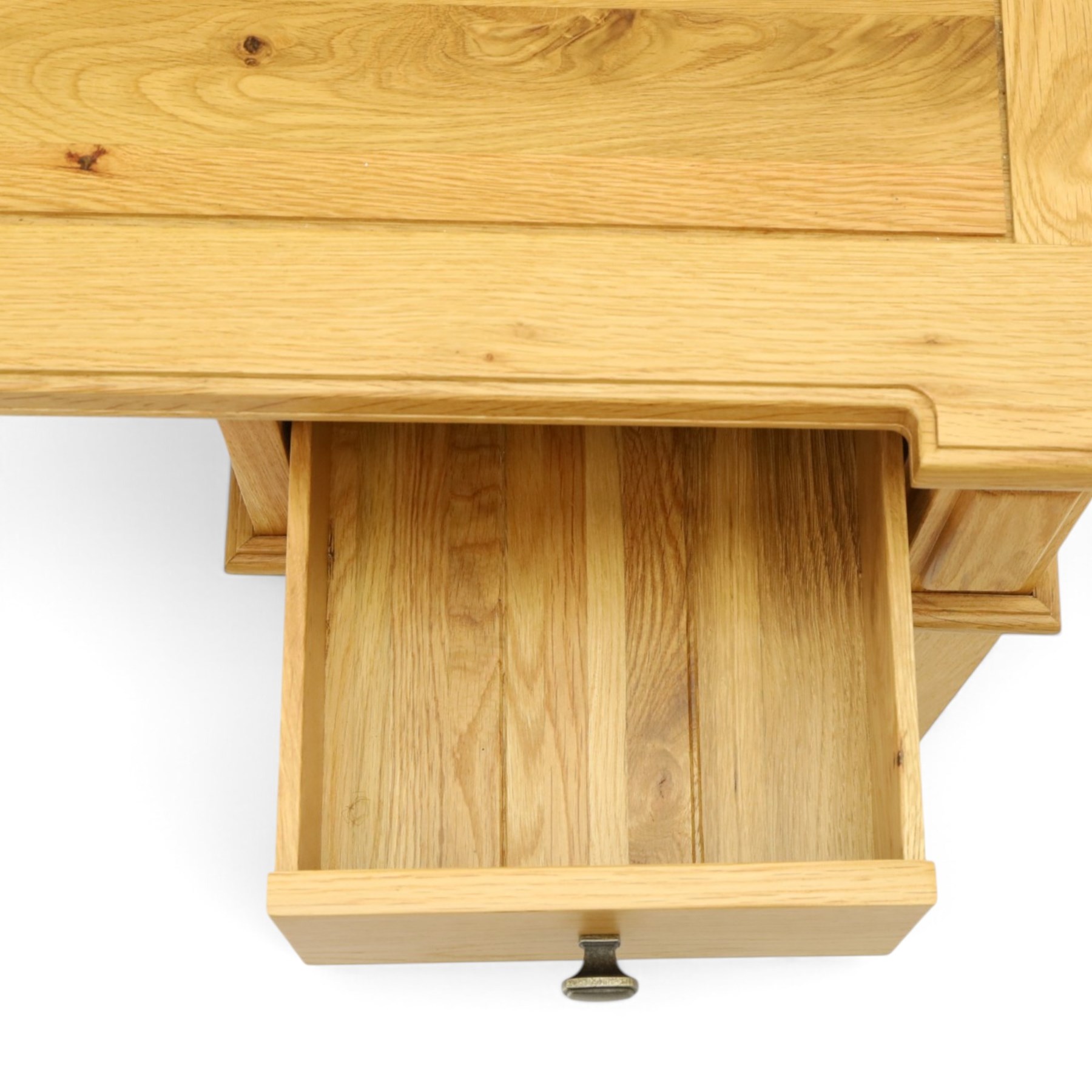 Contemporary oak kneehole dressing table and mirror, rectangular shaped top fitted with two drawers, on square tapering supports