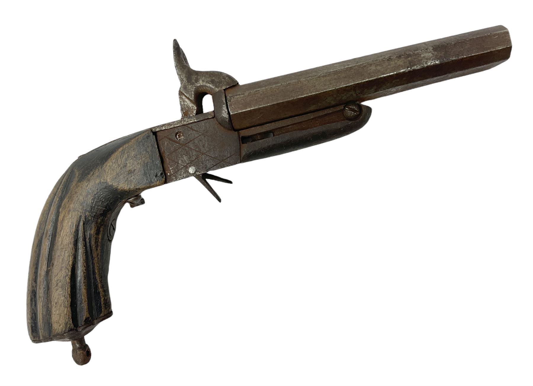 19th century Belgian 9mm side-by-side double barrel pin-fire pocket pistol with 11cm octagonal single block barrel, drop-down triggers and carved walnut stock L22.5cm overall