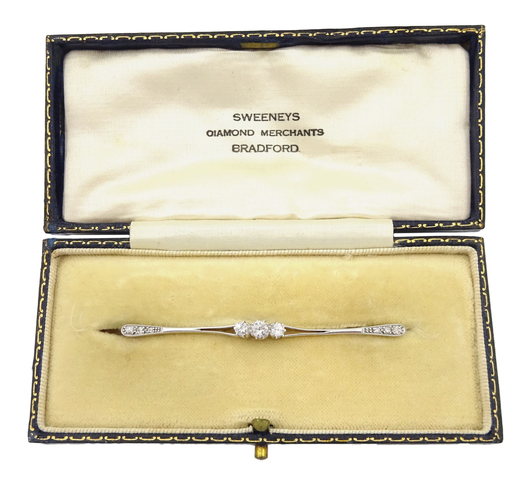 Early 20th century gold and platinum diamond brooch, total diamond weight approx 0.35 carat, in fitted velvet and silk lined box by Sweeneys, Bradford