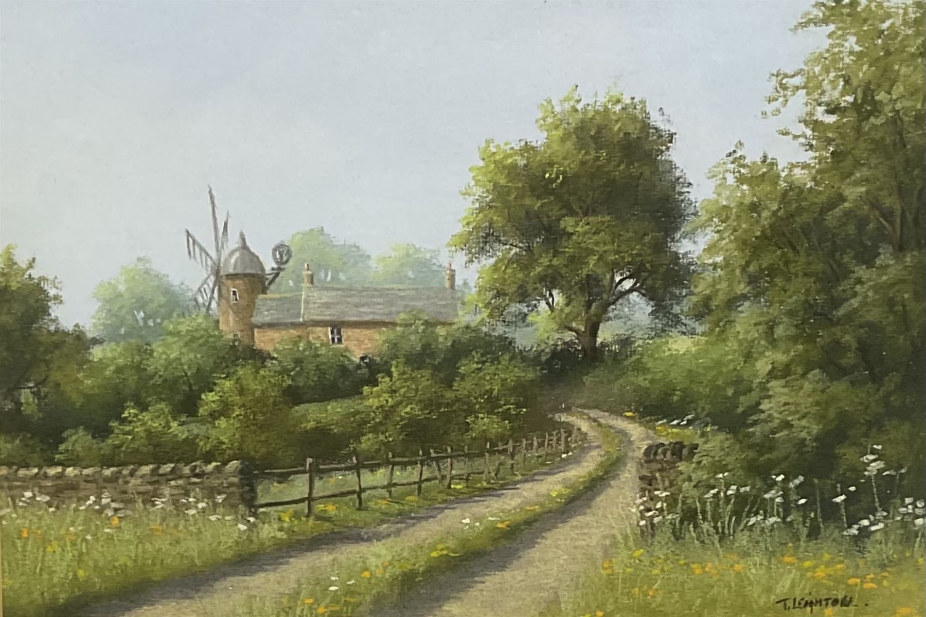 Thomas Leighton (British 20th century): Country Lane with Windmill, pastel signed together with after Graham Carver (British 20th century): 'Lengthening Shadows - Thorpe Wharfdale North Yorkshire', limited edition colour print signed titled and numbered 39/300, 32cm x 61cm (2)