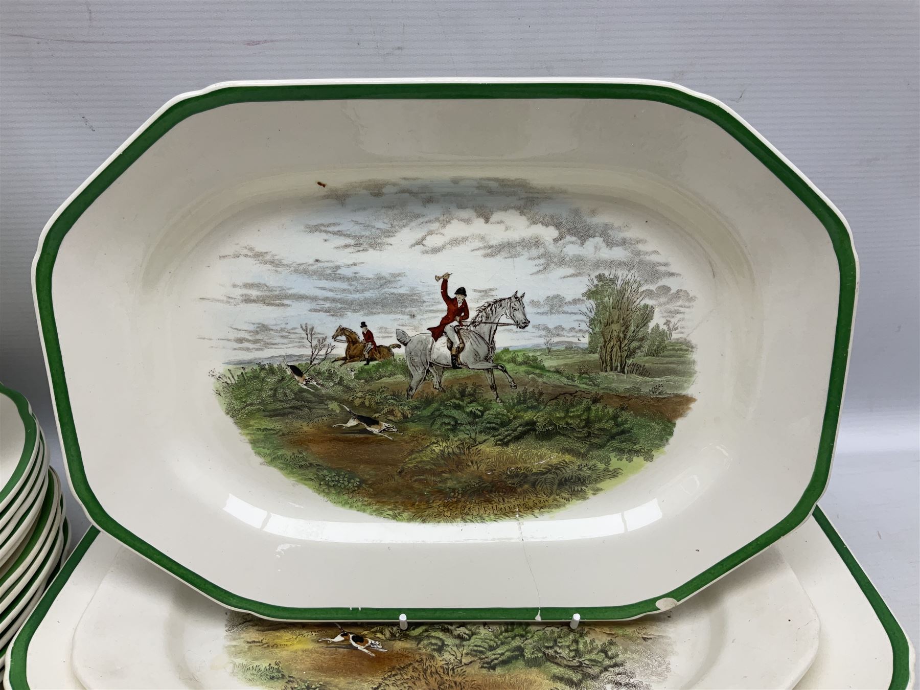 Collection of Copeland Spode hunting scenes dinner wares, after J. F. Herring, to include dinner plates, side plates, graduated serving platters, lidded box etc, together with Spode's Byron breakfast cup and saucer, all with printed marks beneath (29)