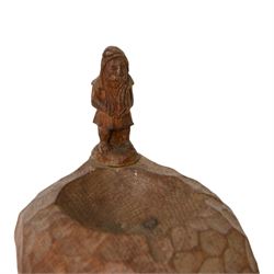 Gnomeman - tooled oak ashtray, hexagonal form with carved standing gnome signature, by Thomas Whittaker of Littlebeck, W12cm