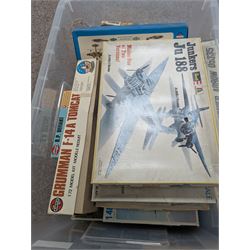Collection of aeroplane model kits in three boxes, including Revell, Monogram, Airfix, etc