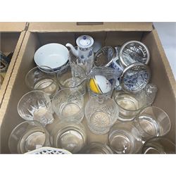 Pair of ginger jars, together with oriental figure, Kaiser plates, glassware etc, in two boxes 