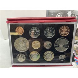 Coins and sets, including Queen Victoria 1890 crown in loose silver mount, The Royal Mint United Kingdom 2005 proof coin collection in red case without certificate, various coin covers, UK 1983 uncirculated coin collection in card folder etc