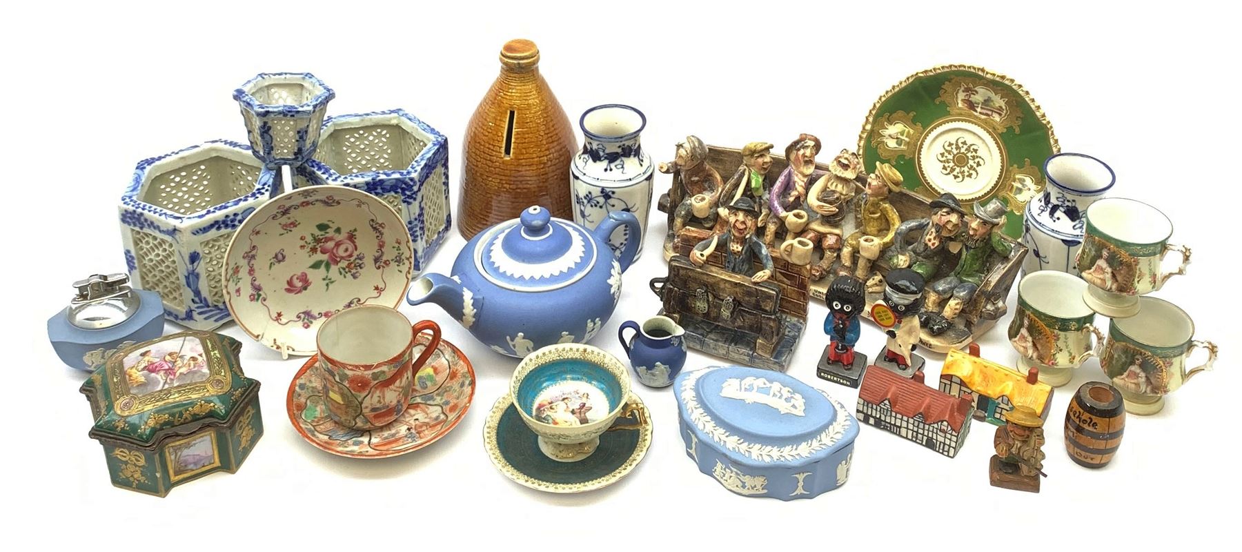 Pair of early 20th century Japanese hexagonal incense pots with reticulated panels and blue and white painted decoration, H9.5cm, a similar pot, three pieces of Runneford pottery, Sevres style porcelain box and cover, pair of Continental Lace pattern vases, Wedgwood jasperware and other ceramics