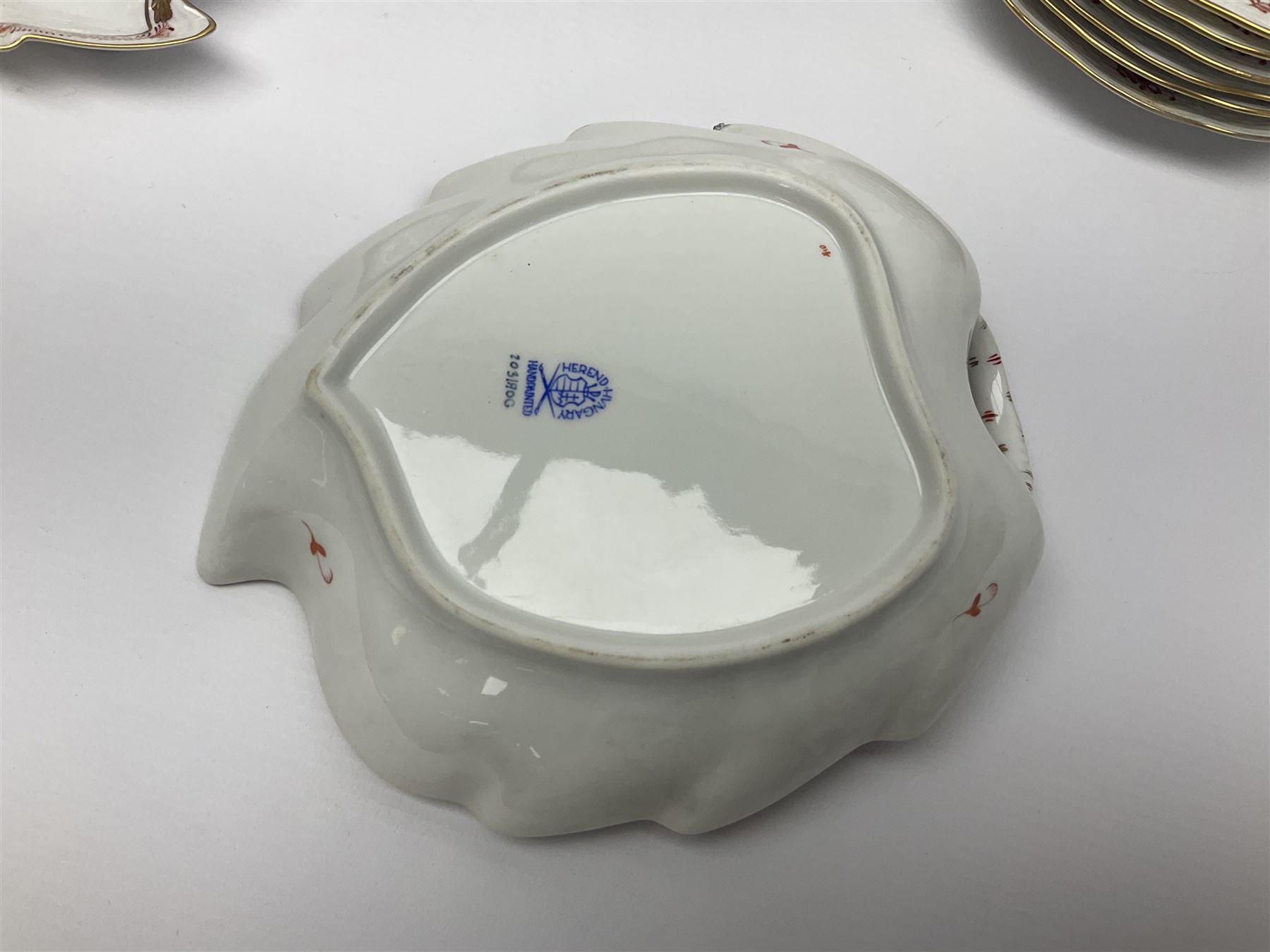 Herend Chinese Bouquet Rose pattern tea service comprising teapot, coffee pot, open sucrier, six cups and saucers, six tea plates, cream jug and stand, milk jug, two teabag holders, preserve pot, two leaf shaped dishes, four egg cups, salt & pepper pots, pair side plates and another plate