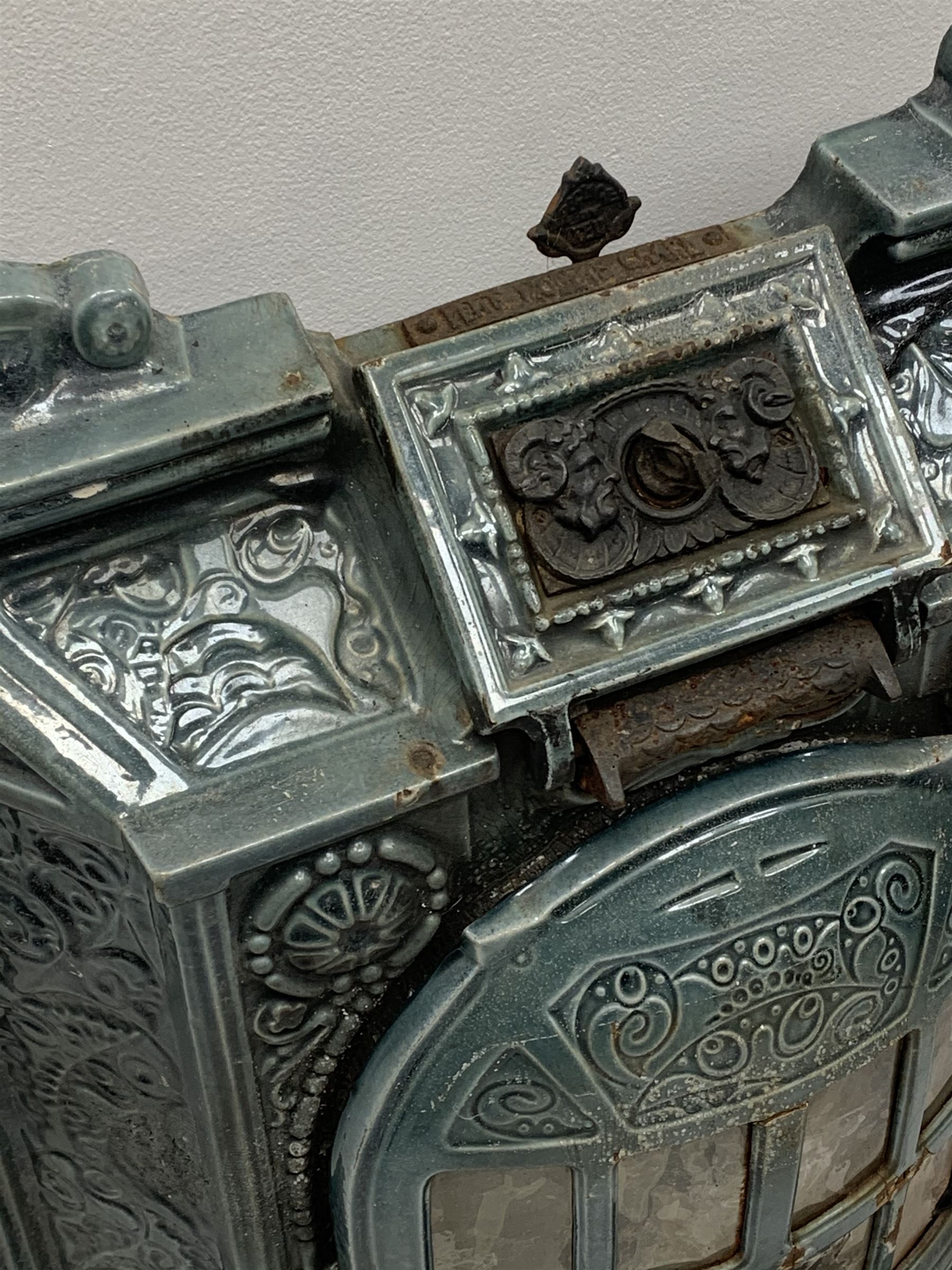 Deville & Co - French Art Nouveau period blue enamel stove, decorated with floral scrolls and flower heads, shell heath, W69cm, H78cm