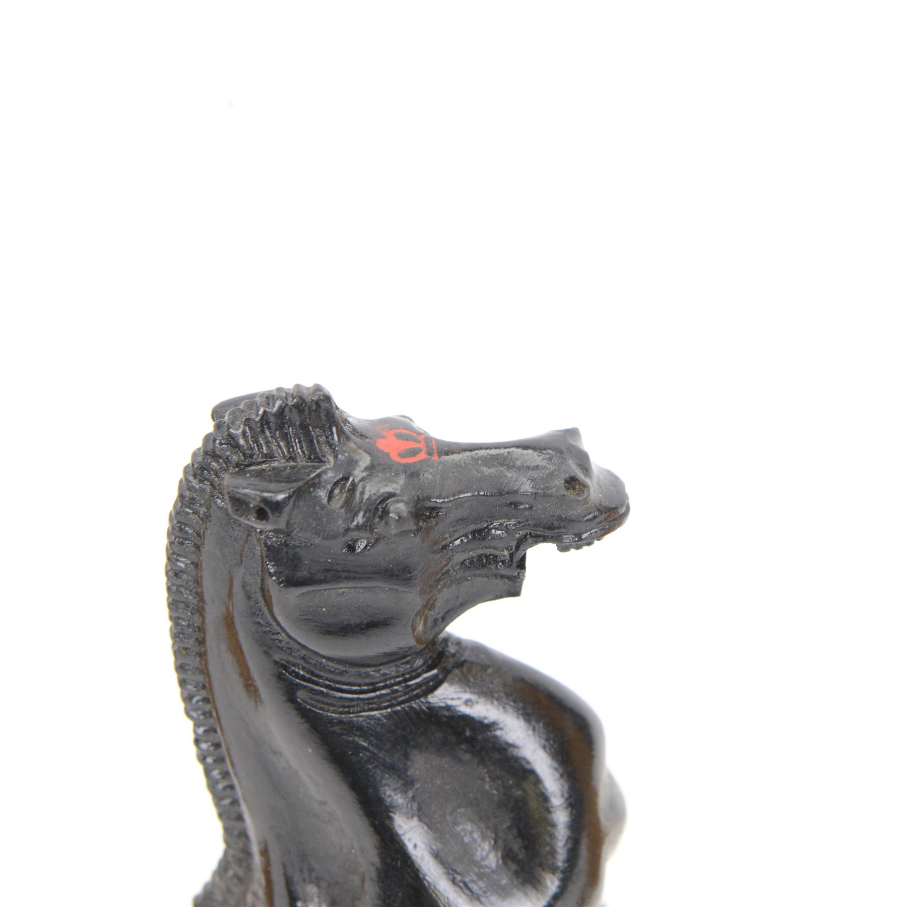 Jaques 'The Staunton Chess-Men' boxwood and ebony chess set, in original brass mounted mahogany box with paper label to interior, only the boxwood king stamped Jaques London, some pieces marked with red crown, boxwood king H11cm