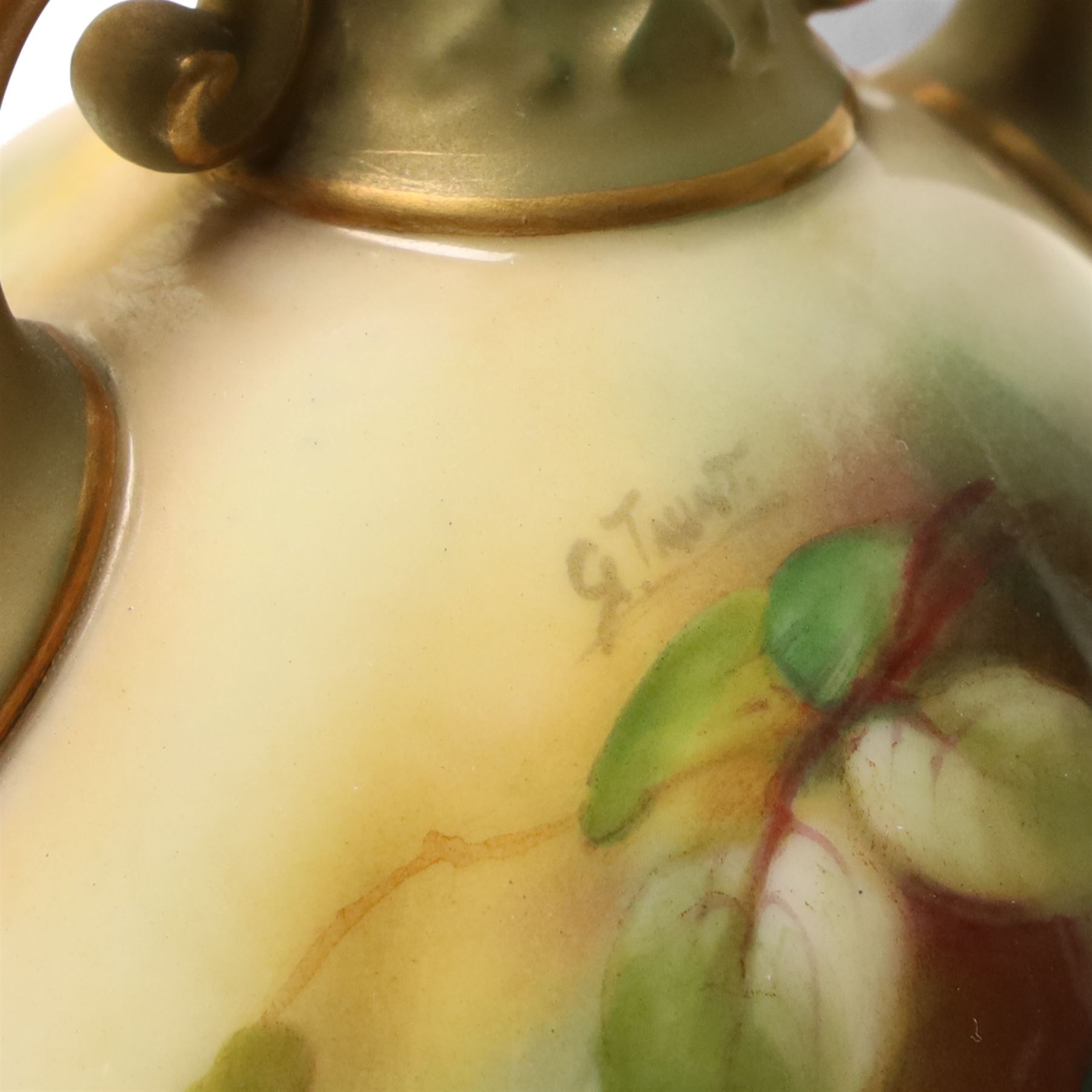 Royal Worcester two handled baluster vase painted with roses H19cm date code 1898, Worcester blush ivory pot pourri decorated with flowers, two blush ivory jugs, a similar vase H15cm and a miniature loving cup