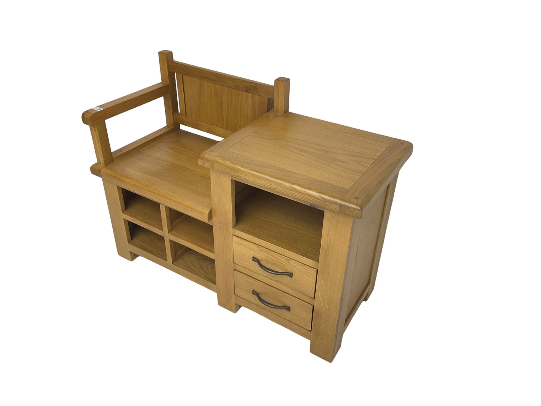 Late 20th century light oak telephone table, seat over four pigeon holes, fitted with shelf over two drawer
