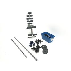 Rock Gym weight bench and a quantity of various weights 