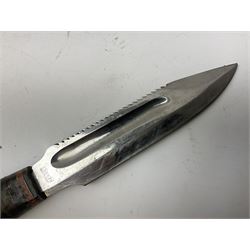 German ERN Wald-Solingen Art Deco style hunting knife with 13cm Bowie type blade and chrome fittings with antler grip; in leather sheath L24.5cm overall; and Bianchi Rastignano Aeronautica Militare combat knife with 15.5cm Bowie type saw-back blade and stacked leather grip (2)