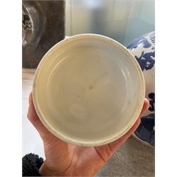 Late 19th century Chinese blue and white ginger jar, of ovoid form with flat topped circular cover, the body decorated with a geisha on reindeer with attendant in a landscape setting, with apocryphal Kangxi mark beneath, H24cm