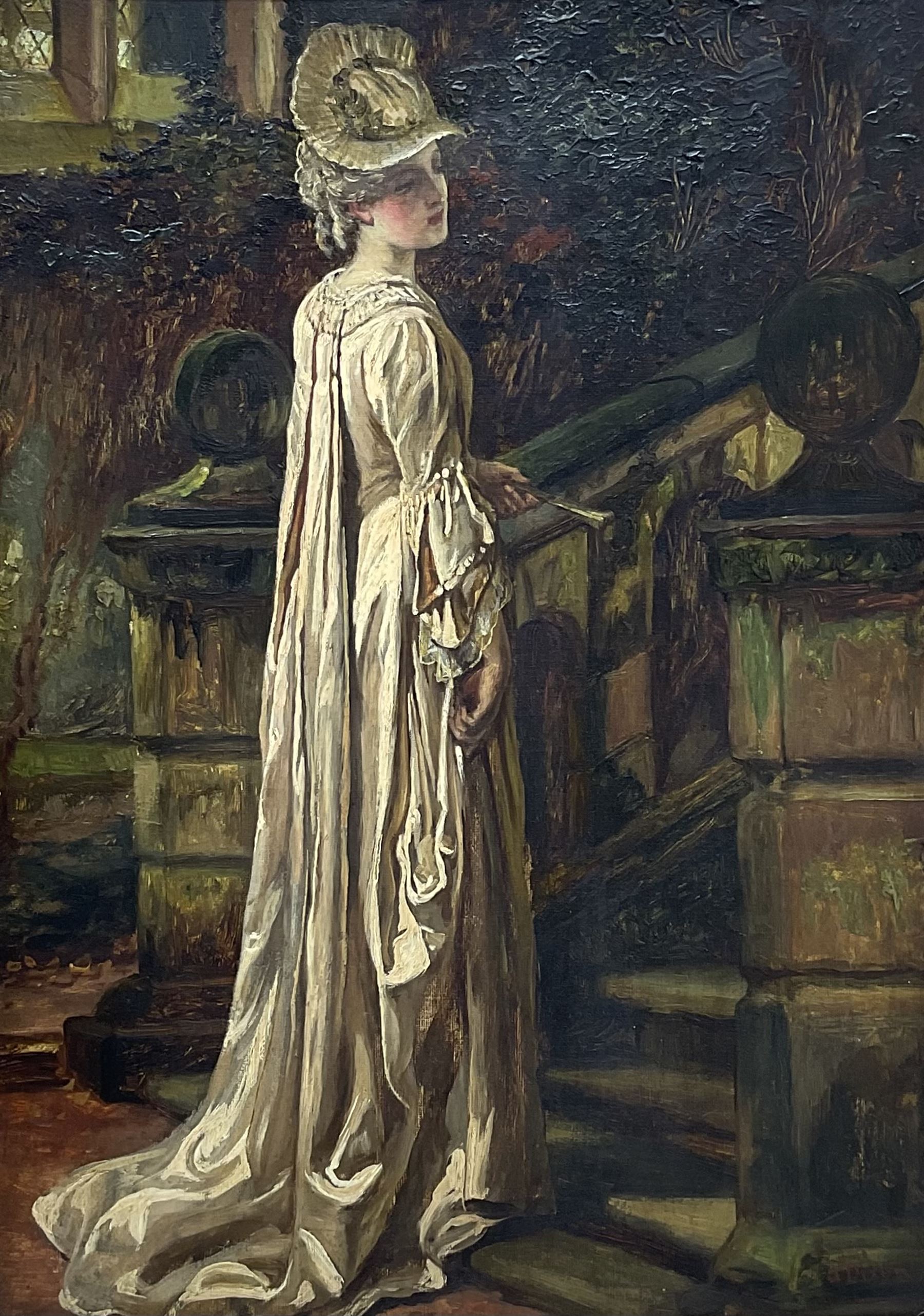 Alfred Dixon (British 1842-1919): 'Lady Jane' - Lady with Fan at the Foot of a Staircase, oil on canvas signed, titled on label verso 42cm x 30cm