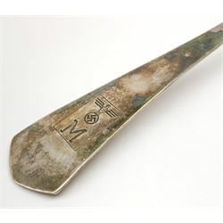 WW2 Third Reich Officer's Mess silver plated soup ladle, the terminal marked with an eagle, swastika and capital M in an oblong frame, also marked V.S.F.90, L36cm