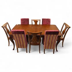 Willis & Gambier - mahogany extending dining table, rectangular top with rounded corners on cabriole legs, with two 35cm extension leaves, four Willis & Gambier upholstered high back chairs and four mahogany chairs, upholstered in a stripped multi-coloured velvet fabric, with scroll-shaped top rail, lyre-shaped back splat on cabriole legs, chairs W46xD91x97cm (11) 
